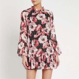 MISA blythe floral mini dress drop waist ruffle flutter sleeve pink size L